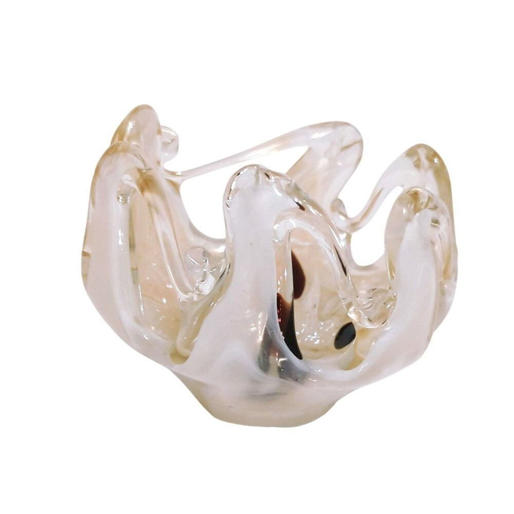 Mid-Century Hand-Blown Art Glass Bowl Wavy Handkerchief Rim Amber Murano-Style